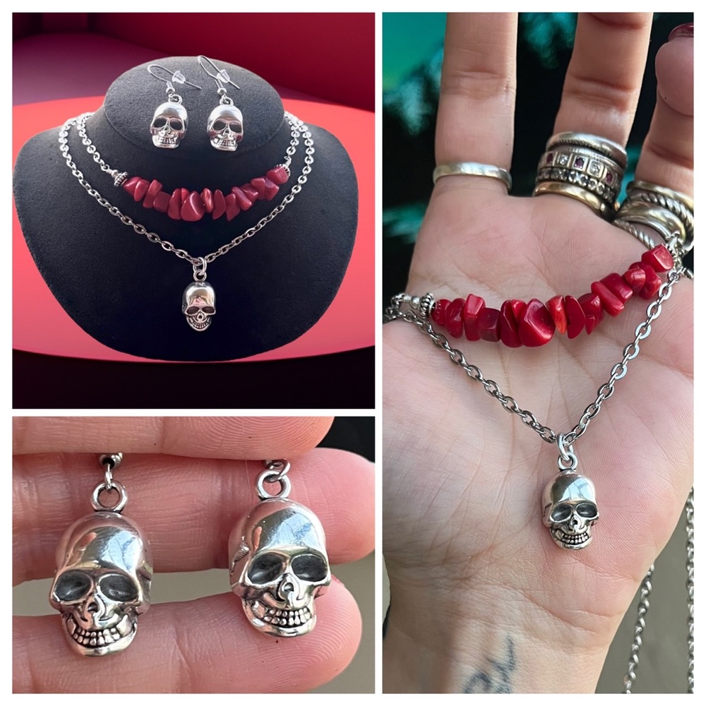 Set ! Red coral skull double layer necklace + matching skull earrings goth boho - Picture 5 of 16